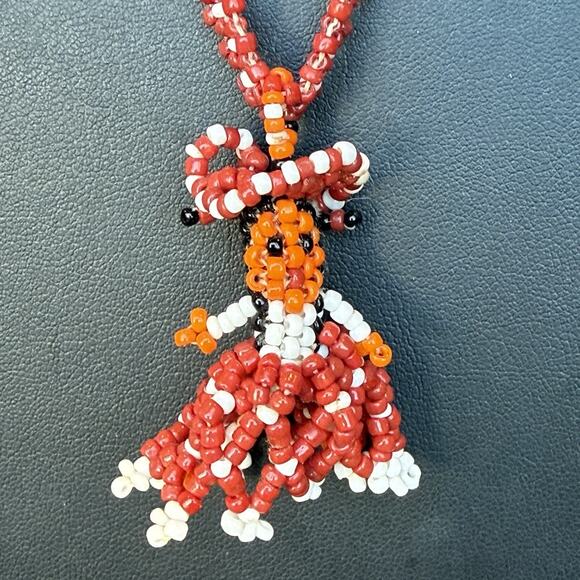 Vintage Mexican Pendant Necklace Red White Folk Art Beadwork Ethnic Jewelry 24" - Picture 2 of 9